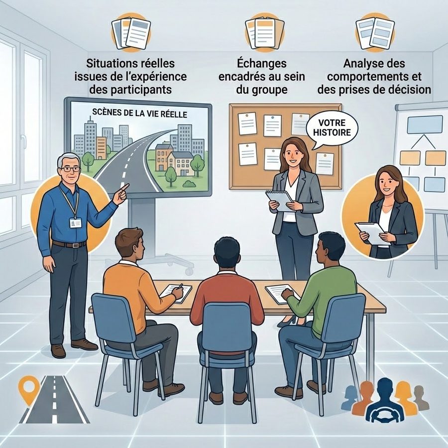 Le cadre du stage : situations réelles issues de l'expérience des participants, échanges encadrés au sein du groupe, analyse des comportements et des prises de décision